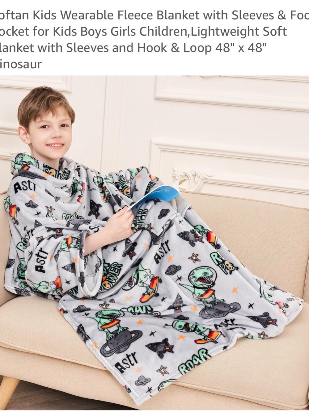Kids Dinosaur Wearable Fleece Blanket with Sleeves - Gray/Green